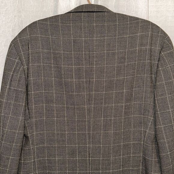 MANI SAKS 44L Brown Plaid Mini Houndstooth Pure Virgin Wool Blazer Jacket - Picture 4 of 15